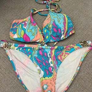 Trina Turk Bikini Set Multicolor Abstract Print Halter Top & Side Hipster Bottom
